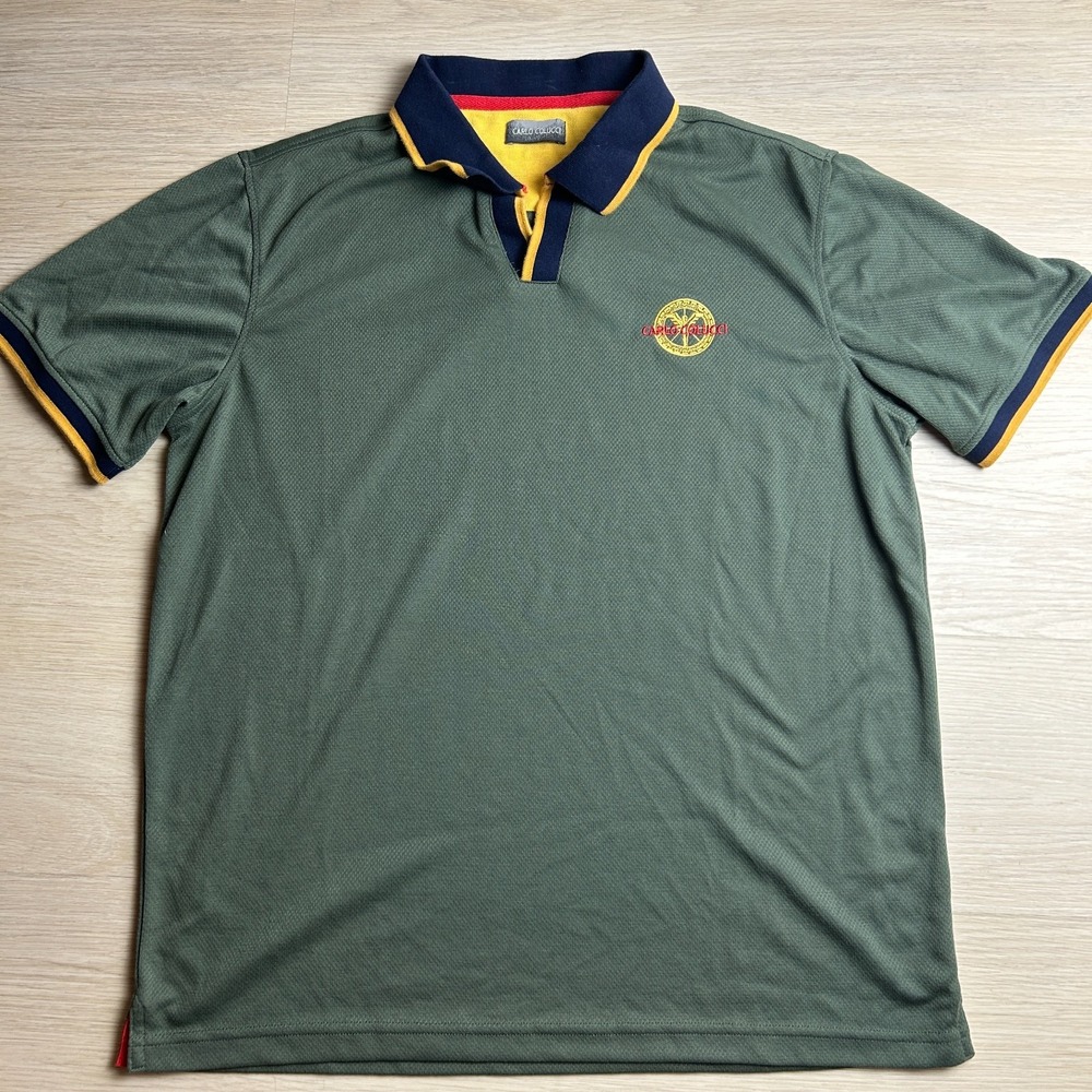 Vintage Carlo Colucci Mens Large Polo Shirt Olive Green Contrast Collar
